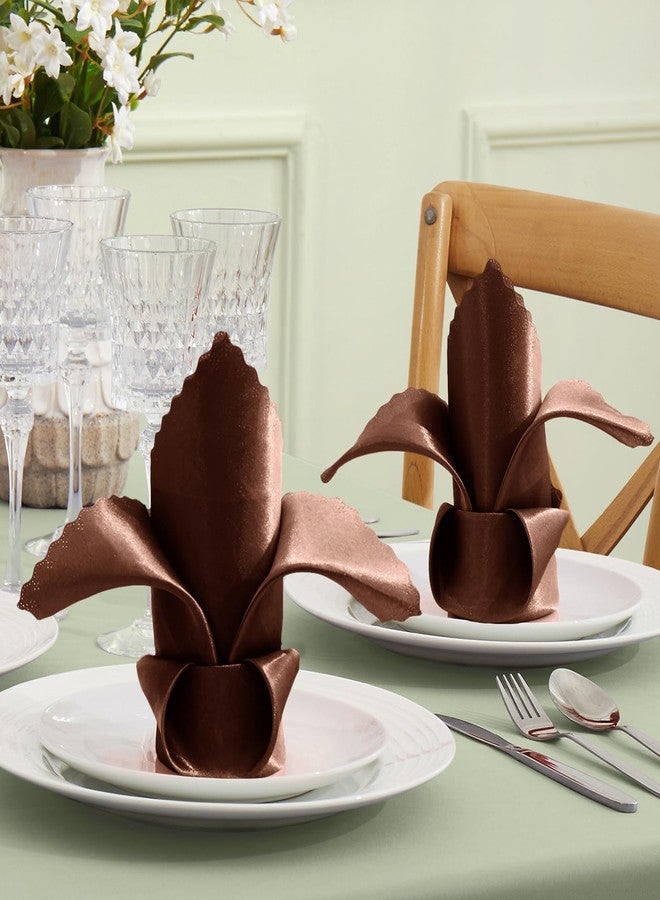 VACVELT 12 Pack Chocolate Brown Satin Napkins 17x17 Inch Wedding Napkins, Scalloped Elegant Dinner Napkins Square Table Napkins Decor, Silky Satin Cloth Napkins for Restaurant Banquet Graduation Party - Image 2